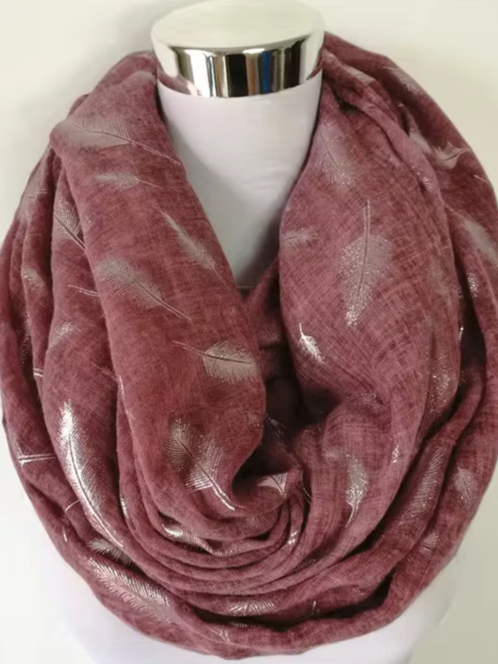 Metallic Feather Infinity Scarf - Rose Brown
